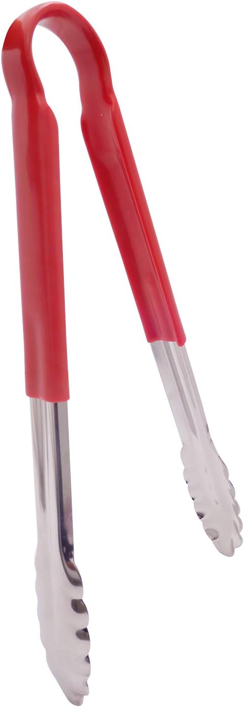 Stainless Steel Coated Utility Tong with Red Vinyl Coated Handle Silicone Kitchen Tongs Food Serving Tong Salad Tong (12 Inch)