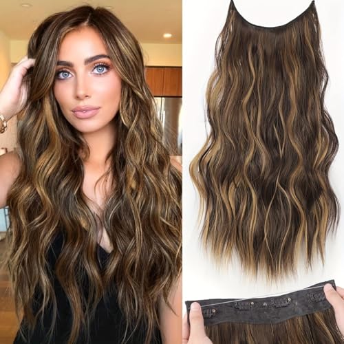Image of Set of 1, Synthetic 24Inches 5ClipsBased Curly Wavy Lightweight Hair Extension for Women (Golden Highlighted)