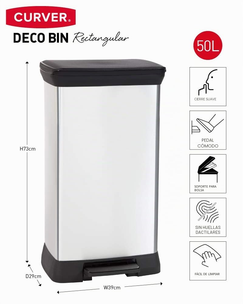 Curver 187152, Cubo de Basura Rectangular con Pedal Decobin de 50 litros, 39x27x70 cm(Version Antigua)
