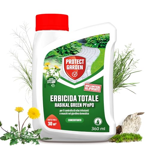 Protect Garden Rasikal Green, erbicida totale concentrato di origine vegetale. Non contiene glifosate. Elimina erbe infestanti e muschi nei giardini domestici. Per 30 mq. 360 ml.