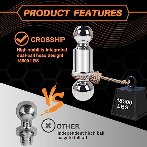 Crosship Adjustable Trailer Hitch Ball Mount-Fit 2.5" Receiver, 8 Inch Drop/Rise Aluminum Drop Hitch With 2'' & 2-5/16'' Solid Dual Balls 18,500 Lbs Gtw-Tow Hitch For Heavy Duty Truck With Double Lock #TOP2