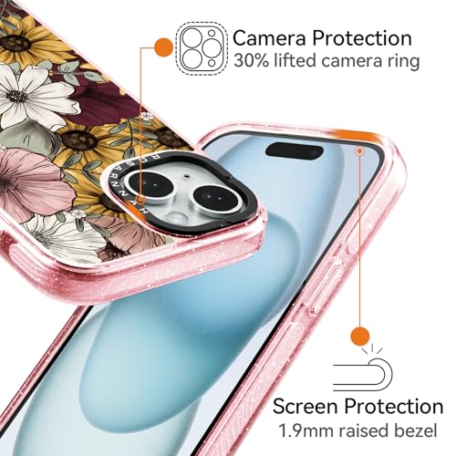 Coque iPhone 15 robuste rose pailletée contre chutes de 2m