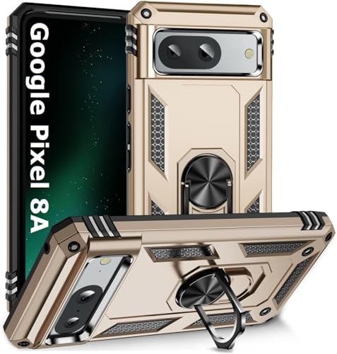 Image of REALCASE Google Pixel 8A Back Cover Case | Heavy Duty PC Hybrid Shock Proof Armor Defender Ring Holder Back Cover Case for Google Pixel 8A 5G (Gold)