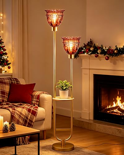 Image of Lightdot 2-Lights Glass Floor Lamp with Table Modern Gold Standing Tall Lamps with Pomegranate Red Glass Shade, LED Floor Lamp with Foot Switch for Living Room Bedroom Home Decor (Bulbs Included)
