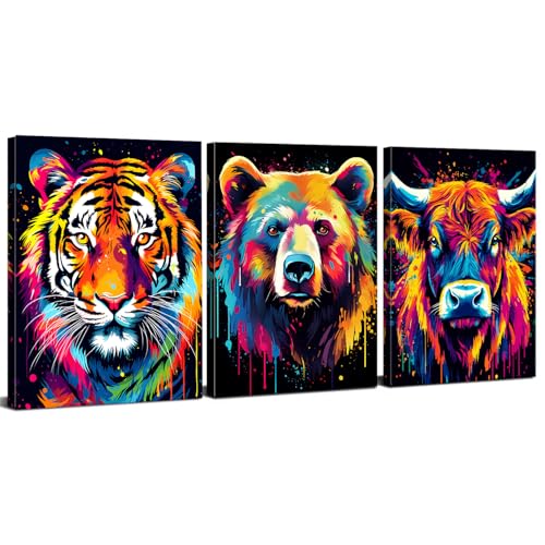 Highland Cow Canvas Wall Art Watercolor Animals Wall Decor Banksy Prints Colourful Cow Bear Tiger Pictures Abstract Graffiti Animal Painting Artwork Living Room Bedroom Home Decorations 30x40cm 3Pcs