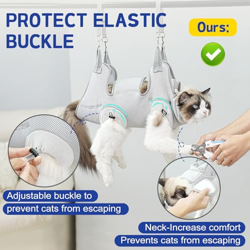 Image of Supet Cat Grooming Hammock Harness for Nail Trimming, Cat Grooming Hanging Sling for Nail Clipping, Pet Restraint Holder for Cutting Nails, Medicine, Ear & Teeth Cleaning, Eye Care (Grey M)