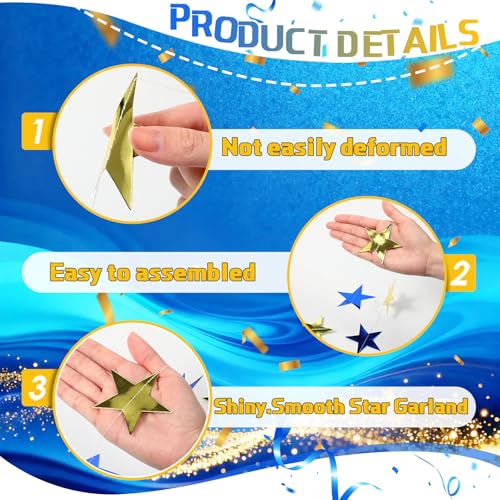 Image of Spakon 65 Feet Glitter Star Shaped Paper Garland Banner Hanging Decoration Star Streamer Double Side 2026 Graduation Decorations for Wedding Birthday New Year Party Decoration (Gold and Blue)