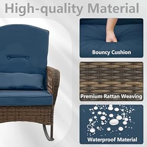 Outdoor Wicker Rocking Chairs 3 Pieces Patio Furniture Rattan Rocker Chairs Wicker Rocking Set with Cushions and Side Table for Garden Patio Yard Porch Lawn Balcony Blue