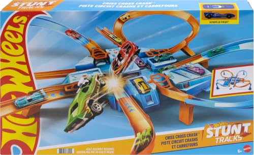 Image of Hot Wheels Track Set with 1:64 Scale Toy Car, 4 Intersections for Crashing, Powered by a Motorized Booster, Criss-Cross Crash Track (Amazon Exclusive) | Playset with 1:64 Scale Toy Car &4 Intersections for Crashing, Powered by a Motorized Booster (Amazon Exclusive)