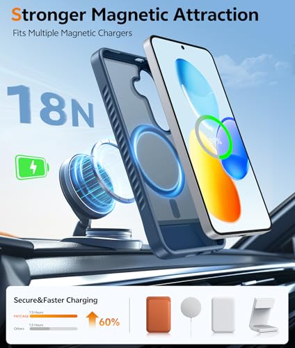 Image of FNTCASE for Samsung Galaxy S25-Plus Case: [Magnetic Stand] [Compatible with Magsafe] Translucent Matte Military Grade Shockproof Drop Rugged Protective Phone Cover, Blue