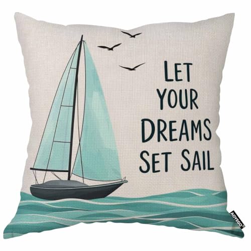 AOYEGO Sea Sailboat Motivational Quote Throw Pillow Cover Let Your Dreams Set Sail Boat Wave Ocean Sea Ship Trip Pillow Case 18x18 Inch Decorative Men Women Room Cushion Cover for Home Couch