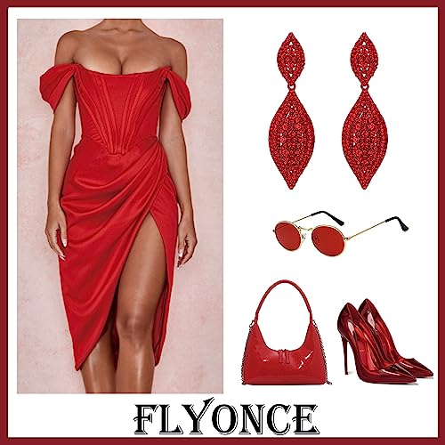 Flyonce Clip On Earrings For Women Rhinestone Crystal Wedding Bridal Clip-On Drop Dangle Earrings Red Red-Tone #TOP4