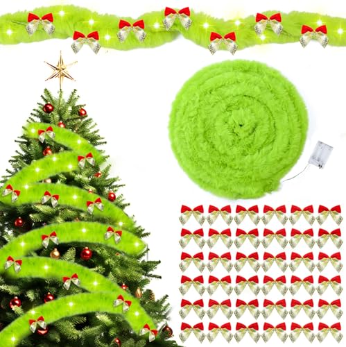 26Ft Christmas Garland Lime Green with LED Light & 36 Bows Faux Fur Ribbon