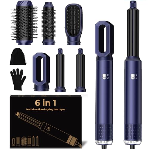 UKLISS 6 in 1 Hair Styler, Airstyler Spazzola Asciugacapelli Set con Arricciacapelli Automatico, Hair Dryer, Spazzola ad Aria Calda, Thermal Brush, Spazzola Lisciante Capelli Donne Styling - Blu