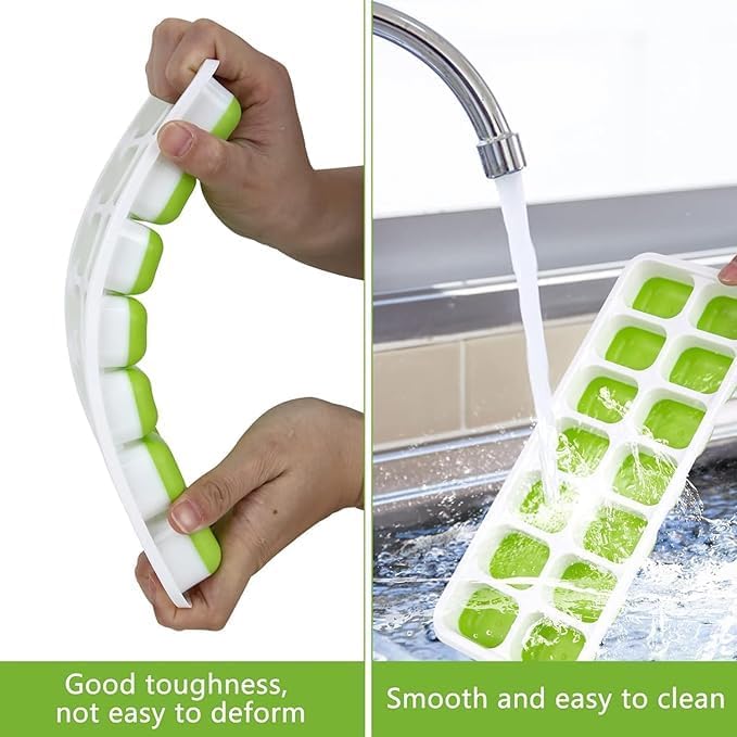 Image of ice Cube Tray with Lid - BPA Free Flexible Silicone Ice Maker Mold, Easy-Release 14-Cavity Ice Cube Trays for Freezer (Set of 2 -Green)