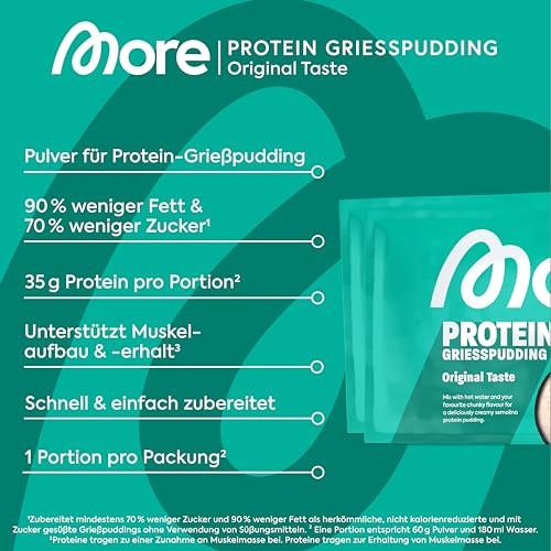 More Protein Grießpudding 2.0, 10er Tray, 10 x 60 g, 34 g Eiweiß pro Portion, schnelle Zubereitung ohne Kochen, cremig leckerer Grießpudding mit weniger Zucker & Fett, perfekt zum Verfeinern
