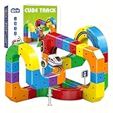 Clickrail Electric Train Set, 81PCS 3D Racing Cube Track Set with Electric Train, Traffic Signs, STEM Trains Toy Birthday Easter Gifts for Kids 3 4 5 6 7 8 9 10 Years Old Boys and Girls