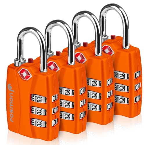 Fosmon TSA Accepted Luggage Locks (4-Pack), Open Alert Indicator TSA Locks 3 Digit Combination Padlock Codes with Zinc Alloy Body for Travel Bag, Suit Case, Lockers, Gym, Bike Locks - Orange