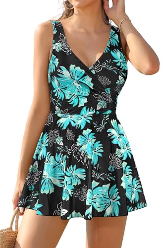 Image of SHEKINI One Piece V Neck Skirt for Women Modest Tummy Control Swimdress Bathing Suits Swimsuit