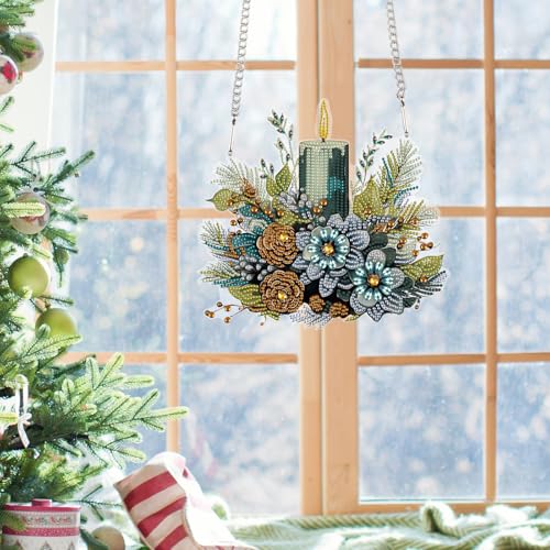 Image of AiYuanzsh Large 5D DIY Christmas Diamond Painting Hanging Ornament Kit | Crystal Diamond Art Pendant, Candle and Floral Decoration, 24.1 x 21.9 cm, Holiday Wall, Window & Door Hanging