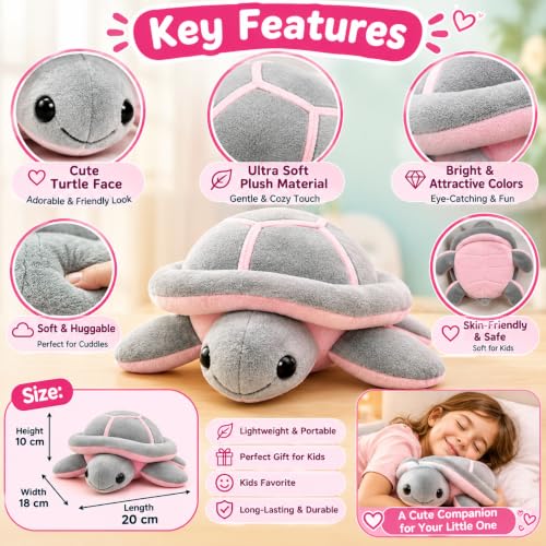 Image of Tortoise, Plush Sea Turtle Soft Toy, Grey and Pink, 22 cm, Stuffed Animal for Kids, Modern Style, Unisex Children, for Kids Playing, Decoration and Gifting Purpose