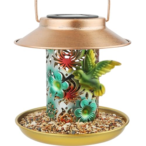 Solar Bird Feeder for Outdoors Hanging, Gifts for Mom Grandma Women, Metal Waterproof Outside Wild Bird Feeders,Cardinals Feeders, Gifts for Bird Lovers, Lantern Light, Garden Decoration