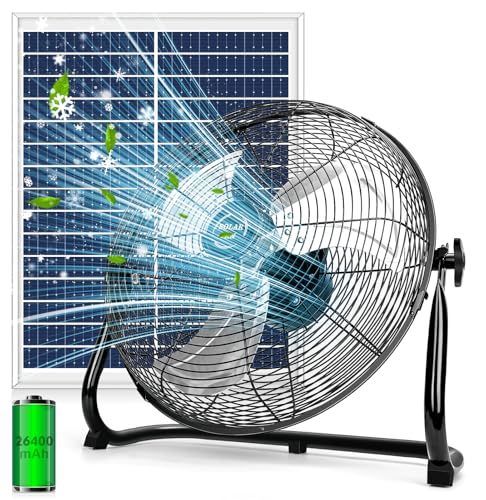 TonyEst 18" Solar Powered Fan for Outdoor - 30000mAh Rechargeable Battery Operated Outdoor Floor Fans with 40W Solar Panel for Gazebo Camping Home Patio (Black)