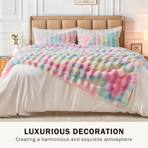Image of EMME Faux Rabbit Fur Bubble King Blanket, Tie Dye Rainbow 108 inch x 90 inch