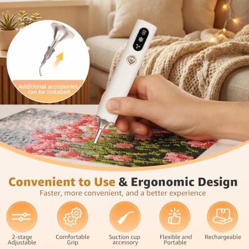 Electric Diamond Painting Pen | Vacuum Suction Diamond Art Pen (No Wax Needed) | 2-Speed Cordless Drill Picker Tool with Type-C Charging | Ergonomic 5D DIY Accessories for Adults - White - 1