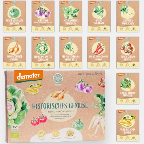 BIO Historisches Gemüse Samen Set - 12 Sorten Demeter Gemüse Saatgut | Seltene u. alte Gemüsesamen allesamt samenfest | alte Gemüsesorten für Balkon, Hochbeet, Garten & als Geschenk | Loveplants