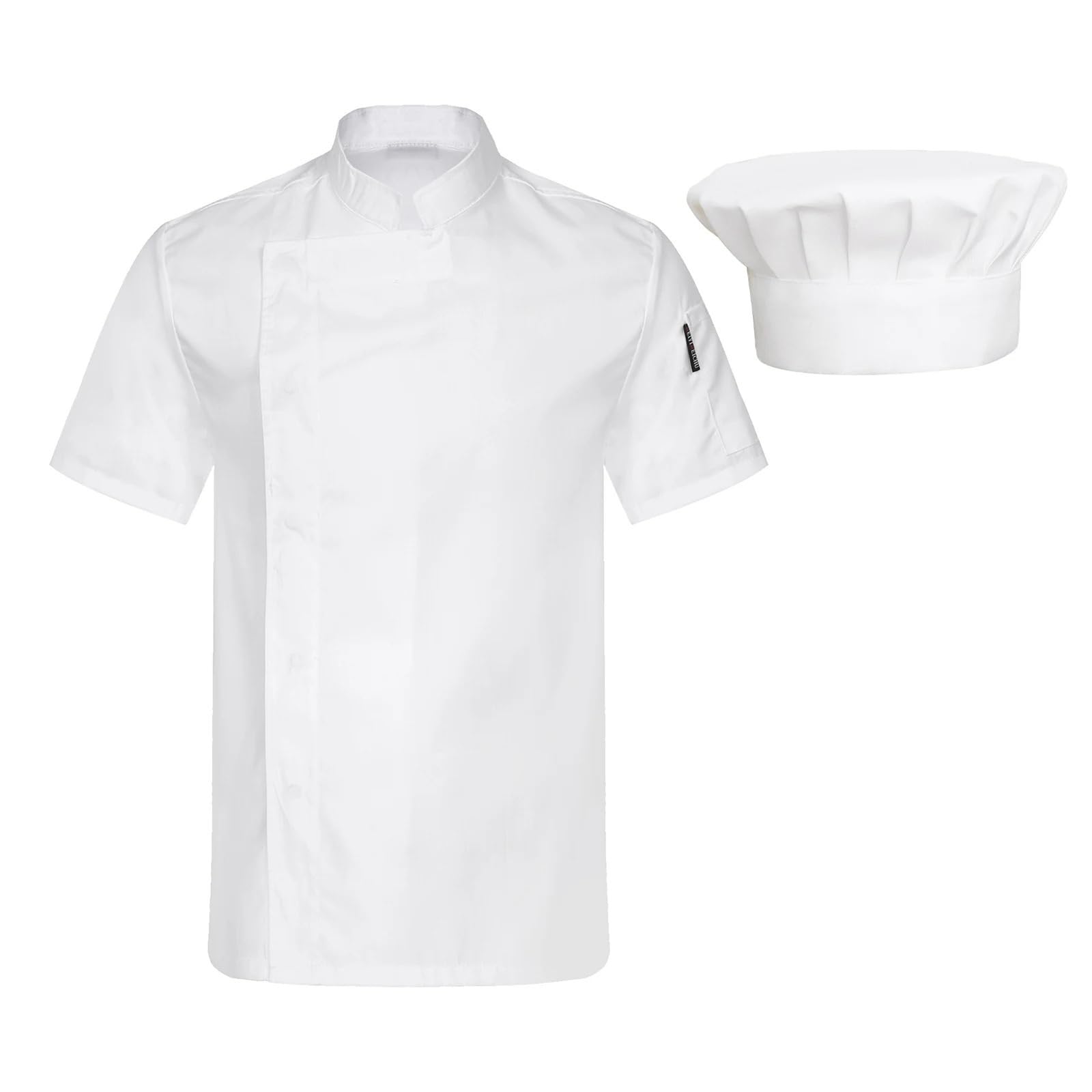 Uniforme de Chef para Hotel, Restaurante, Cocina, Uniforme de Trabajo, Chaqueta de Chef con Gorro, Panadero, Catering, Cocina, Camisa Blanca de Manga Corta para Hombres y Mujeres