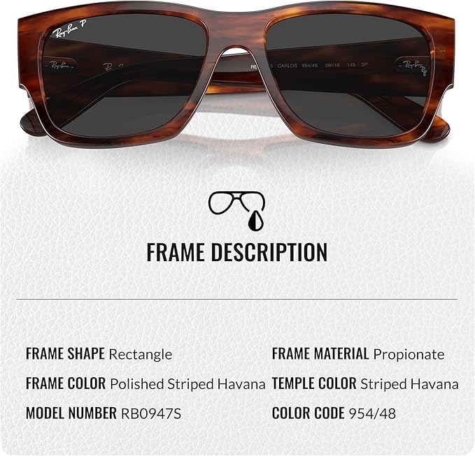 Image of Ray-Ban RB0947S CARLOS Rectangle Shaped Sunglasses for Men & Women with Official RAYBAN Eyewear Kit