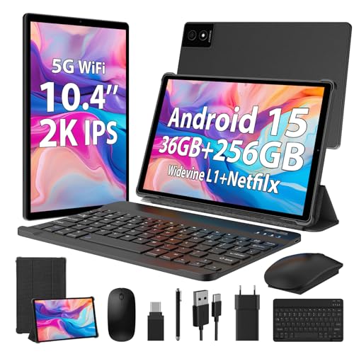 WOREGOO 10.4 Pollici Tablet Android 15, 5G WiFi, Tablet in Offerta 36GB RAM+256GB ROM(TF 1TB), 2000x1200 FHD, Octa-Core, Widevine L1/8000mAh/8MP+13MP/BT5.0/GPS/GMS, con Tastiera e Mouse, Nero