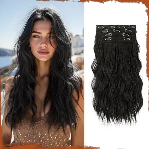 Extension clip cheveux bouclés synthétiques épais postiche noir femme 40 cm