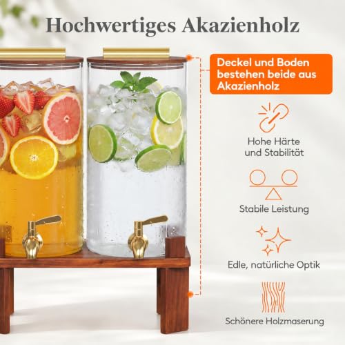 Lifewit 5,7 L Getränkespender aus Glas mit Zapfhahn und Holz Ständer, 2 Stück Drink Dispenser für Limonade Saft Tee Wasser Getränke… – Ansicht 5