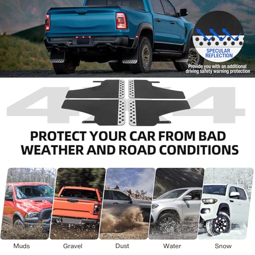 Image of 4PCS Black Universal EVA Soft Rubber Mud Flaps Mudguards with Stainless Steel Reflector with Round Holes for Pickup SUV with Hardware Front and Rear