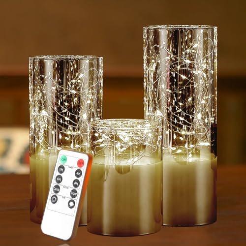 IYAA LED Candles Gray Glass Flameless Candles with Remote, Set of 3 Real Wax Battery Operated Candles Flickering with Fairy String Lights, Warm Light Pillar Candles with Timer, D3'' x H4''/5''/6''
