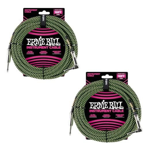Ernie Ball Braided Instrument Cable Set Straight/Angle Lenght 10ft in Neon Green/Black (P06077) - Pack of 2