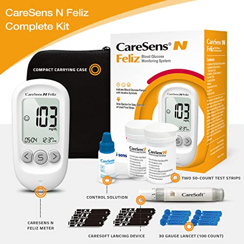 Caresens PGUEA-0000318 N Feliz Blood Glucose Monitoring Kit With 100 Blood Sugar Test Strips, 100 Lancets, 1 Blood Glucose Meter thumb #1