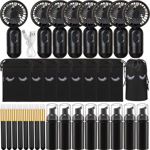 Woanger 32 Pcs Lash Shampoo Kits Rechargeable Handheld USB Portable Fans Eyelash Shampoo Brush Empty Bottle Wedding Gift Employee Appreciation Gift (500mah Black)