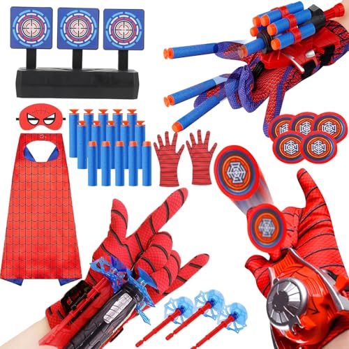 3 Sets Spider Web Shooters Easter Basket Stuffers for Kids Wrist Launcher Toys with Hero Gloves Auto Resetting Boards Spider Cape and Mask Cosplay...