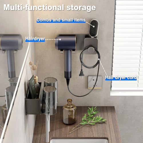 Image of Mustorn Hair Dryer Stand Holder for Wall Mounted Adhesive Hair Dryer Organizer for Bathroom Rust-proof Metal Without Drill Grey