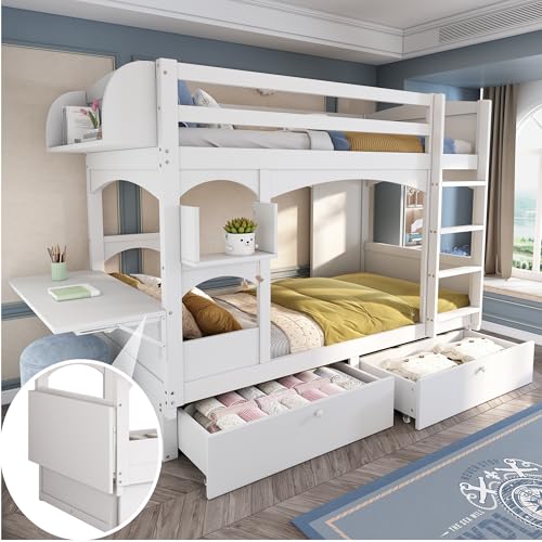 Merax Lit Superposé Enfant, Multifonctionnel Lit Mezzanine avec Tiroirs et Bureau, 2 Place 90 x 200 cm, Blanc (sans Matelas)