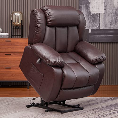 SENYUN Electric Power Lift Recliner Chair with Heat & Massage for Elderly, Leather Fabric Reclining Chairs for Seniors Home Living Room, Dark Brown