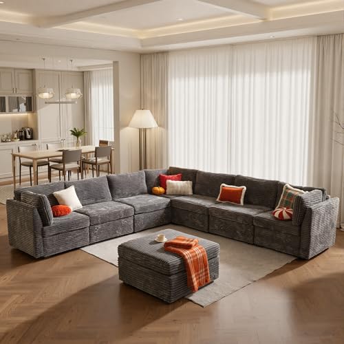 Image of ovios Modular Sectional Sofa Couch with V-Shape Chaise Ottoman, Comfy Plush Corduroy Cloud Couches, Modern Luxury Deep Seat Sofas Set for Living Room, 8-Seater, Grey