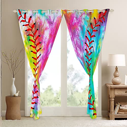 Kids Baseball Window Drapes Boys Girls Softball Sports Game Curtains For Bedroom Living Room Girly Colorful Tie Dye Window Curtains Teens Men Baseball Gaming Window Treatments, 38X45 Inches,2 Panels #TOP3