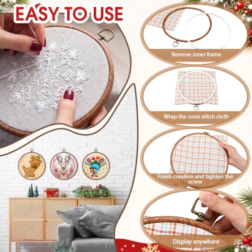 Image of Burbell 3 Pcs 8.7 Inch Pcs Spring Round Embroidery Hoops Frame Circle Rubber Hoops Ring Display Cross Stitch Ornament Imitated Wood Frame Kits for Christmas in July Craft Sewing DIY Hanging Gifts