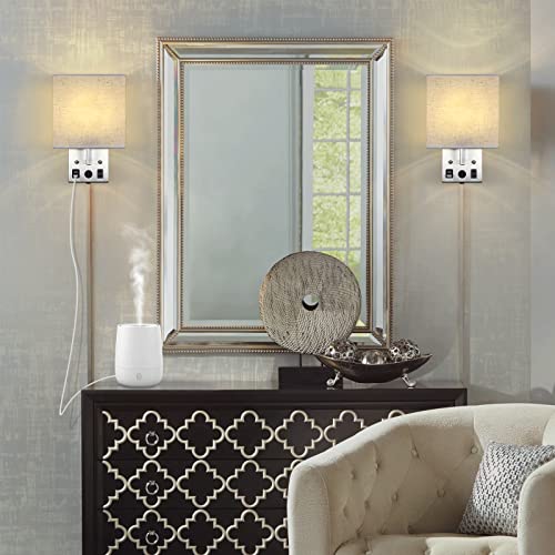 CADUKE Bedside Wall Lamp Set of 2, Plug in Wall Light with USB Charging Ports and AC Outlet Socket, Brushed Nickel Modern Wall Sconces with Plug in Cord for Bedroom Living Room, E26 LED Bulb Included - Image 5
