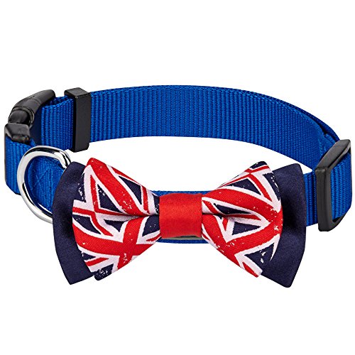 Blueberry Pet 2 Patterns Patriotic Spirits Uk Flag Adjustable Bowtie Blue Dog Collar - Handmade Bow Tie W/Jacquard Weave Fabric, Small, Neck 12"-16" #TOP26