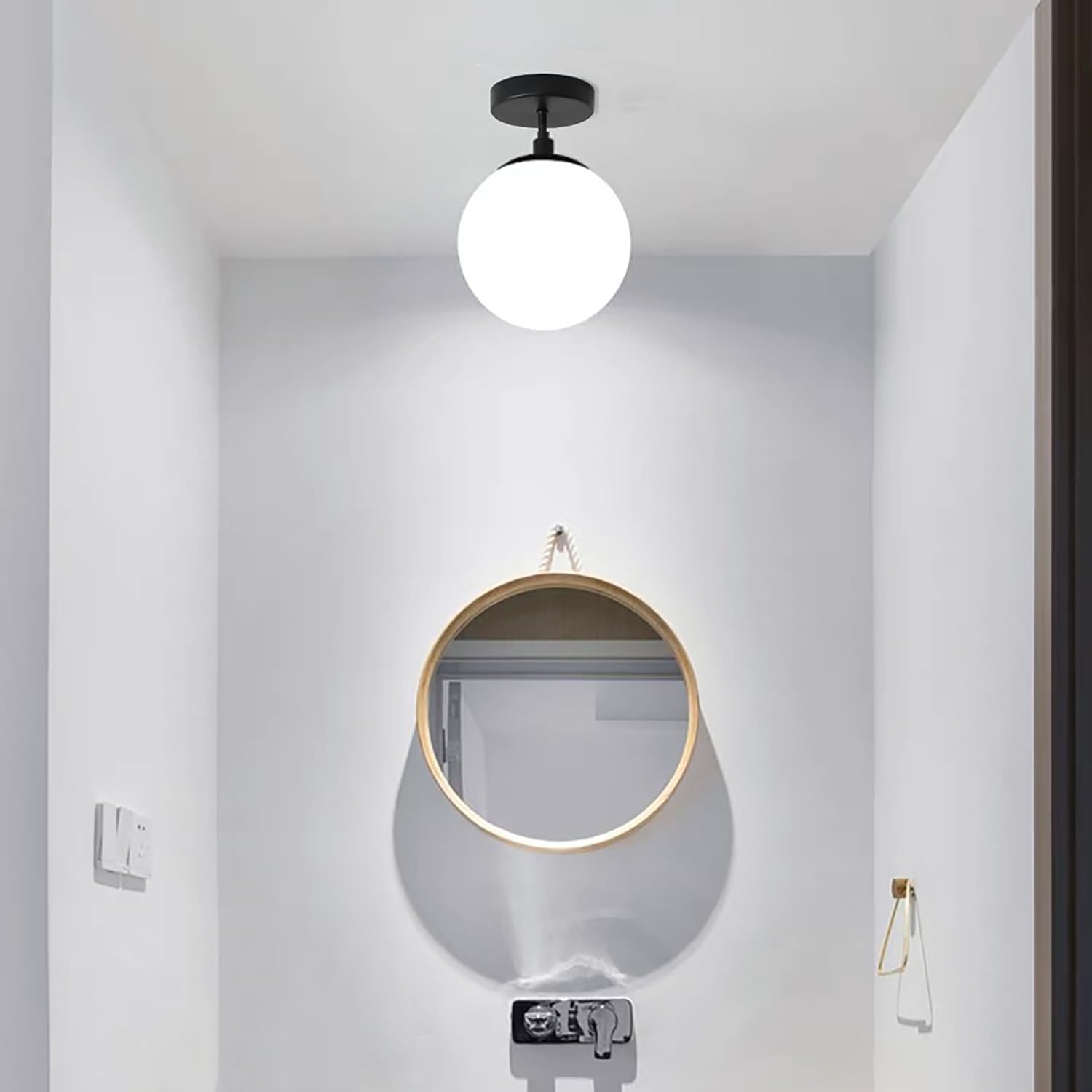 Globe Semi Flush Mount Ceiling Light Fixture Globe Ceiling Light Milk Glass Matte Gold Finish Contemporary Mid Century Modern Lighting for Hallway Living Room Kitchen (Black, 8″)